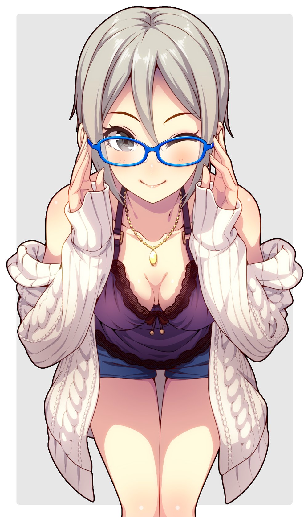 1girl ;) argyle argyle_sweater bespectacled blue-framed_eyewear blue_shorts blush breasts breasts_apart cage_unlimited collarbone feet_out_of_frame glasses grey_background grey_hair hair_between_eyes hands_on_eyewear highres idolmaster idolmaster_cinderella_girls idolmaster_cinderella_girls_starlight_stage jacket jacket_partially_removed leaning_forward lingerie looking_at_viewer medium_breasts negligee one_eye_closed shiomi_syuko short_hair short_shorts shorts simple_background smile solo sweater sweater_jacket two-tone_background underwear