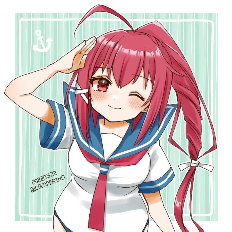 1girl ahoge anchor_symbol blue_background blue_sailor_collar cocoperino hair_ribbon i-168_(kancolle) kantai_collection leaning_forward long_hair neckerchief one-hour_drawing_challenge one_eye_closed pink_hair pink_neckerchief ponytail red_eyes redhead ribbon sailor_collar salute school_uniform serafuku shirt solo striped striped_background white_shirt