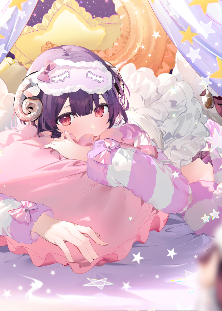 1girl bangs black_hair commentary_request eyebrows_visible_through_hair frilled_pillow frills hair_between_eyes hakuishi_aoi heart idolmaster idolmaster_shiny_colors jacket layered_skirt looking_at_viewer lying mask mask_on_head morino_rinze object_hug on_bed on_stomach pillow pillow_hug pleated_skirt red_eyes skirt sleep_mask solo star_(symbol) star_pillow striped striped_jacket striped_legwear thigh-highs white_skirt