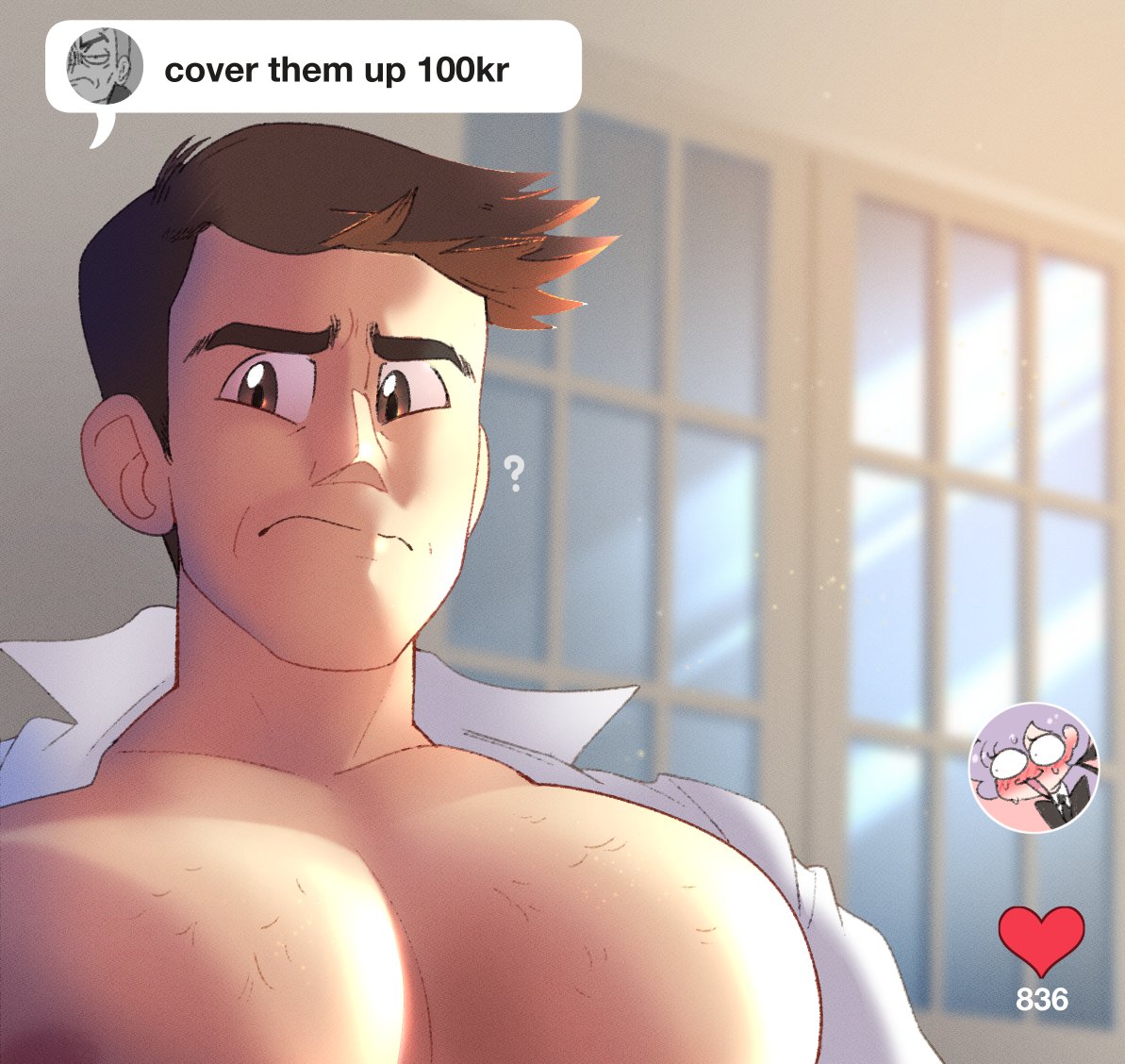 1boy ? anabel_(pokemon) blurry blurry_background brown_eyes brown_hair chest_hair closed_mouth commentary cover_them_up_slut_(meme) dialogue_box frown heart large_pectorals looker_(pokemon) meme muscular pectorals pokemon pokemon_(game) pokemon_sm short_hair split_mouth topless_male upper_body vergolophus