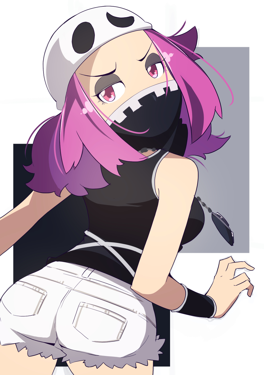 1girl ass bandana bandana_over_mouth hat highres long_hair looking_at_viewer makeup nozumu pink_eyes pink_hair pokemon pokemon_(game) pokemon_sm shorts solo team_skull team_skull_grunt team_skull_uniform white_shorts wristband