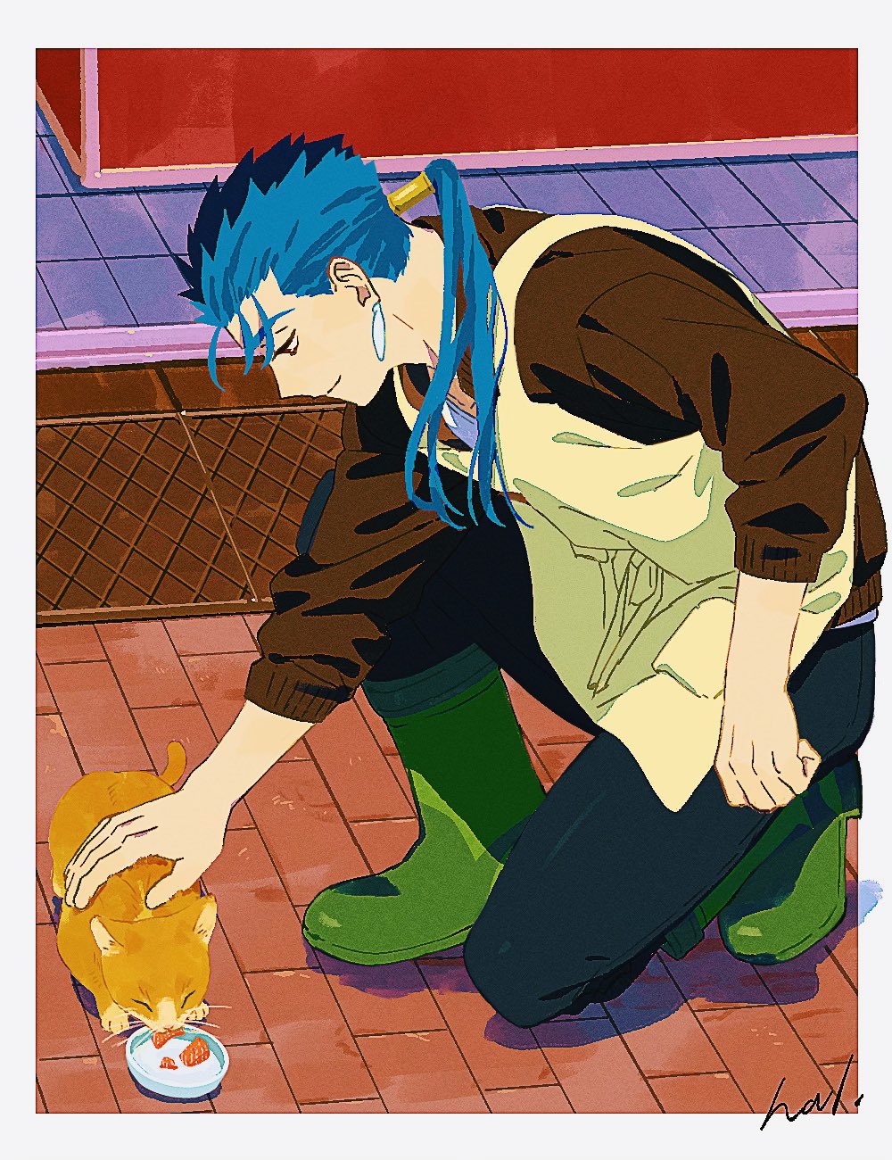 1boy 1other alternate_costume animal apron beads blue_hair boots cat closed_mouth cu_chulainn_(fate) cu_chulainn_(fate/stay_night) earrings fate/stay_night fate_(series) floating_hair from_side full_body hair_beads hair_ornament hal_(haaaalhal) highres jewelry kneeling long_hair long_sleeves male_focus pants petting ponytail red_eyes smile solo spiky_hair