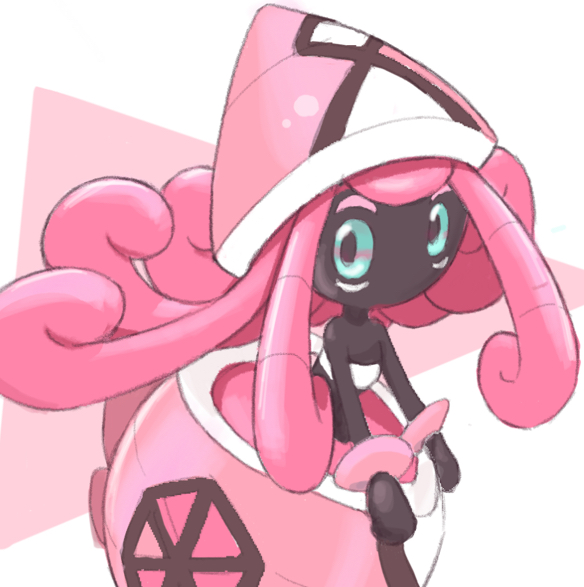 aberu_(ycrr3542) black_skin colored_skin commentary_request green_eyes long_hair looking_at_viewer no_humans pink_hair pokemon pokemon_(creature) solo tapu_lele two-tone_background