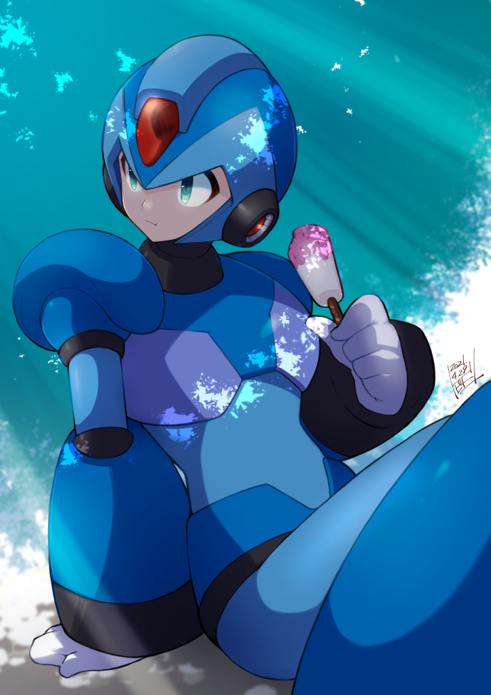 1boy android arm_behind_back blue_armor chewing closed_mouth commentary dated food green_eyes helmet holding looking_away male_focus mega_man_(series) mega_man_x_(character) mega_man_x_(series) popsicle robot shade shadow signature sitting solo sunlight tobitori