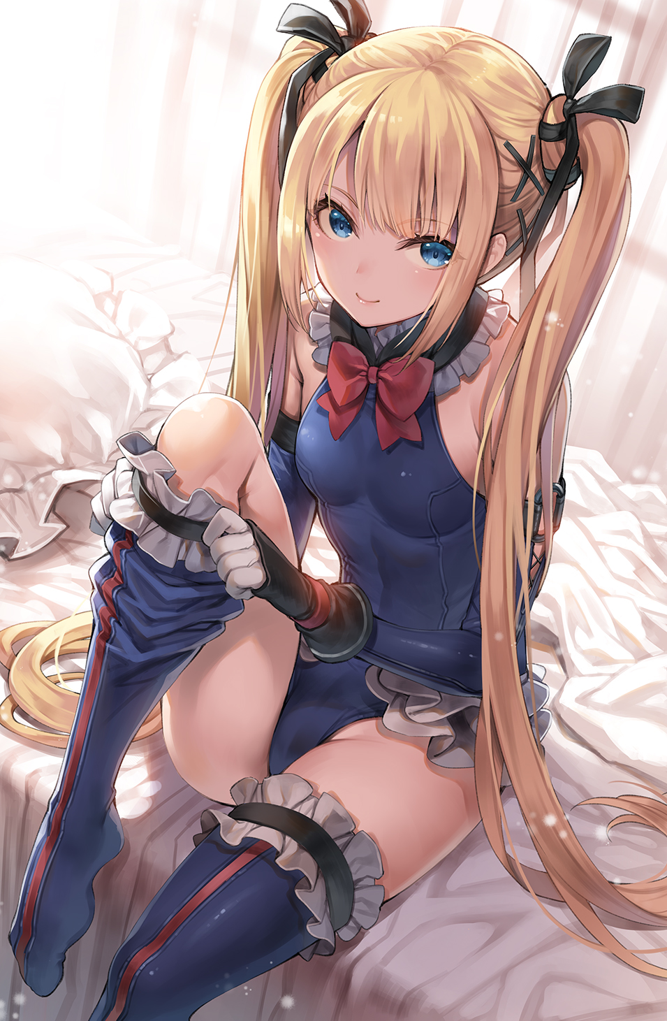 1girl bangs bare_shoulders bed black_bow black_gloves blonde_hair blue_eyes blue_legwear blue_leotard blue_sleeves bow breasts closed_mouth commentary_request curtains dead_or_alive detached_sleeves eyebrows_visible_through_hair frilled_legwear frilled_pillow frills gloves hagure_keg hair_bow hair_ornament hairclip highres leotard long_hair long_sleeves marie_rose on_bed pillow pulled_by_self red_bow sitting sitting_on_bed small_breasts smile solo thigh-highs thighhighs_pull transparent twintails very_long_hair window x_hair_ornament