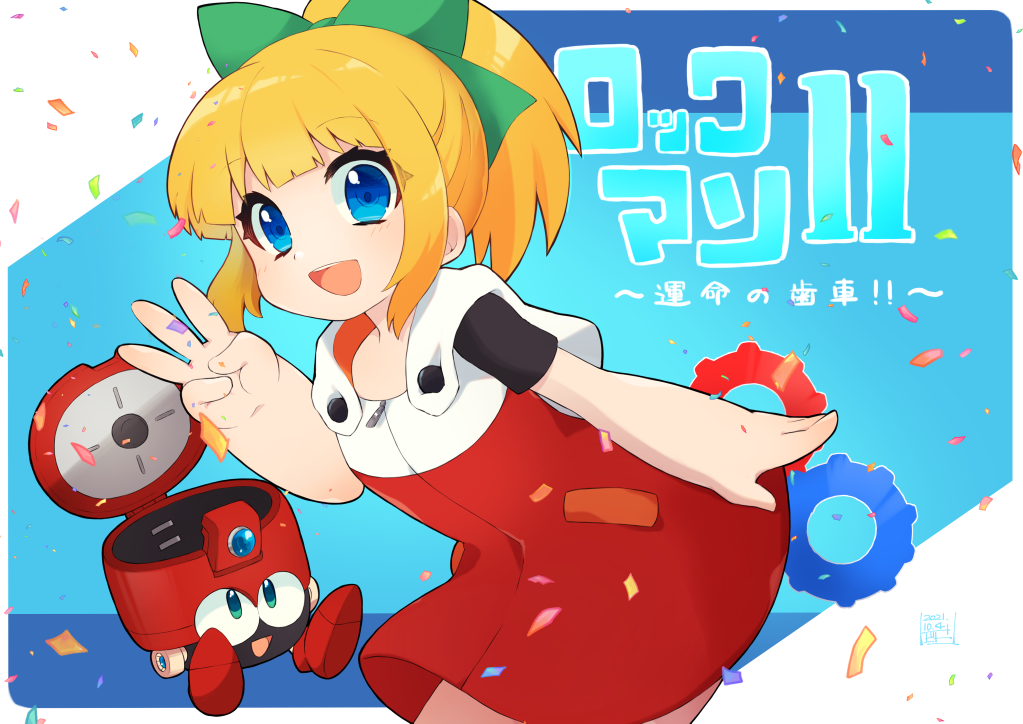 1girl :d android bangs blonde_hair blue_eyes blunt_bangs bow child commentary confetti cowboy_shot dress eyebrows_visible_through_hair eyelashes green_bow green_eyes hair_ornament hand_up high_ponytail leaning_forward long_hair looking_at_viewer mega_man_(series) open_mouth red_dress robot roll_(mega_man) short_sleeves sidelocks smile solo teeth tobitori translation_request upper_teeth zipper zipper_pull_tab