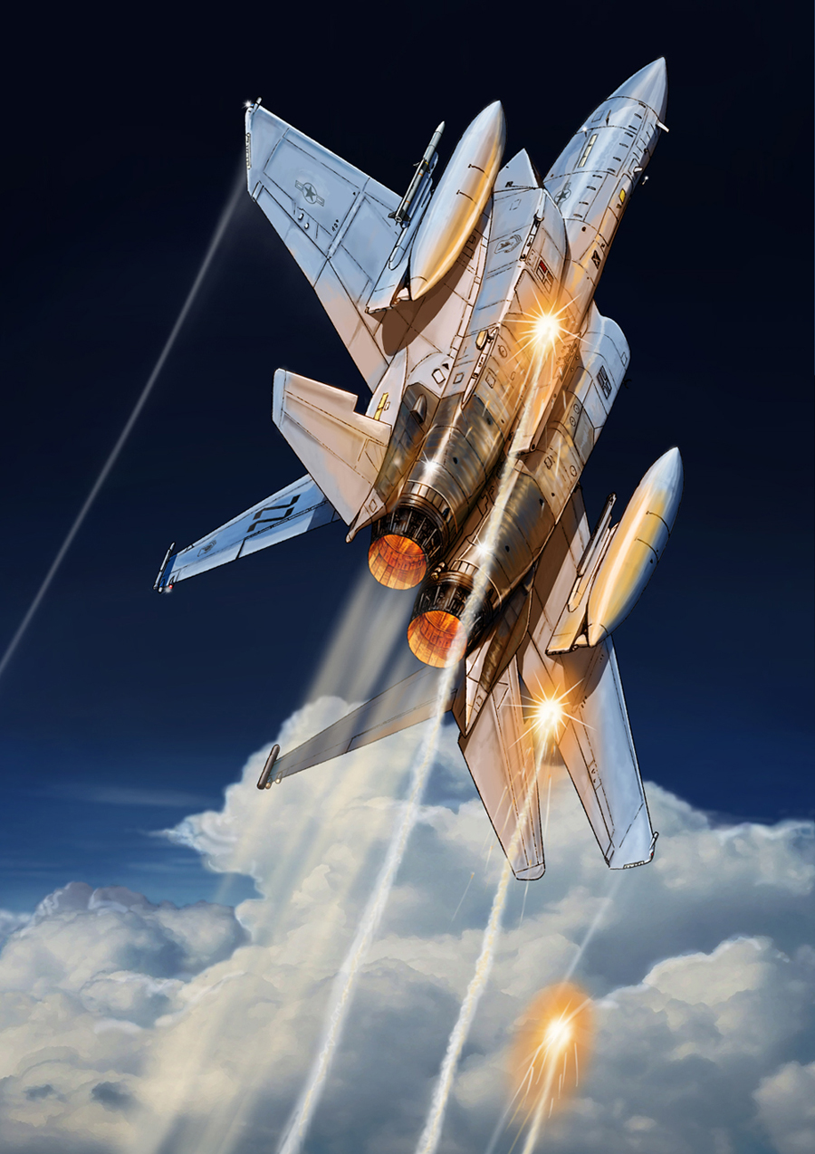 aircraft airplane clouds f-15_eagle fighter_jet flare flying from_below highres jet mick_(m.ishizuka) military military_vehicle no_humans original sky thrusters united_states_air_force vehicle_focus