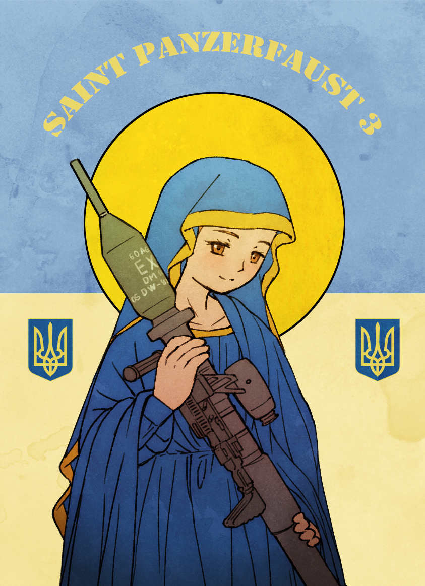 1girl acea4 blue_cloak brown_eyes cloak closed_mouth commentary_request flag_background holding holding_weapon long_sleeves looking_at_viewer military original rocket_launcher simple_background solo st._javelin ukrainian_flag upper_body weapon weapon_request wide_sleeves