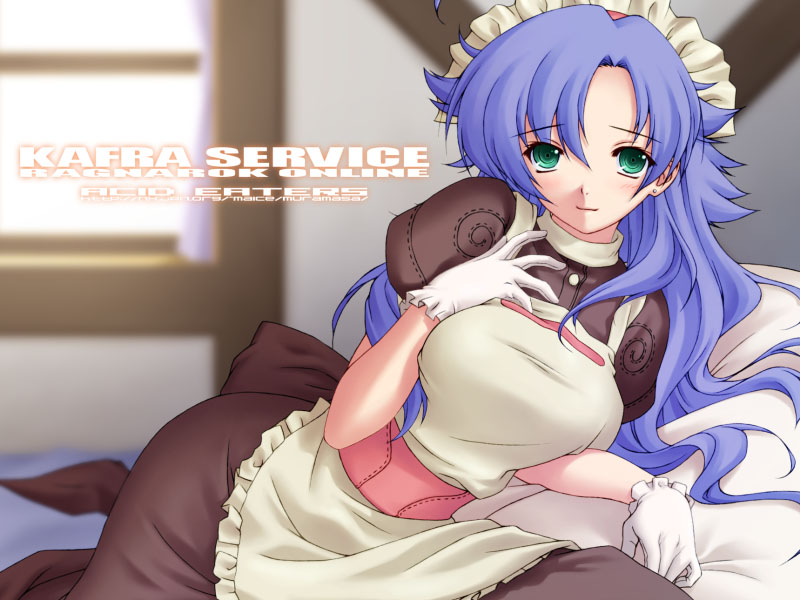 1girl ahoge apron bangs blue_hair blurry blurry_background blush breasts brown_dress circle_name closed_mouth commentary_request copyright_name day dress earrings eyebrows_visible_through_hair feet_out_of_frame gloves green_eyes hair_between_eyes indoors jewelry kafra_uniform kazuma_muramasa long_hair looking_at_viewer maid maid_headdress medium_breasts pavianne_(ragnarok_online) pillow puffy_short_sleeves puffy_sleeves ragnarok_online short_sleeves smile solo stud_earrings web_address white_apron white_gloves window