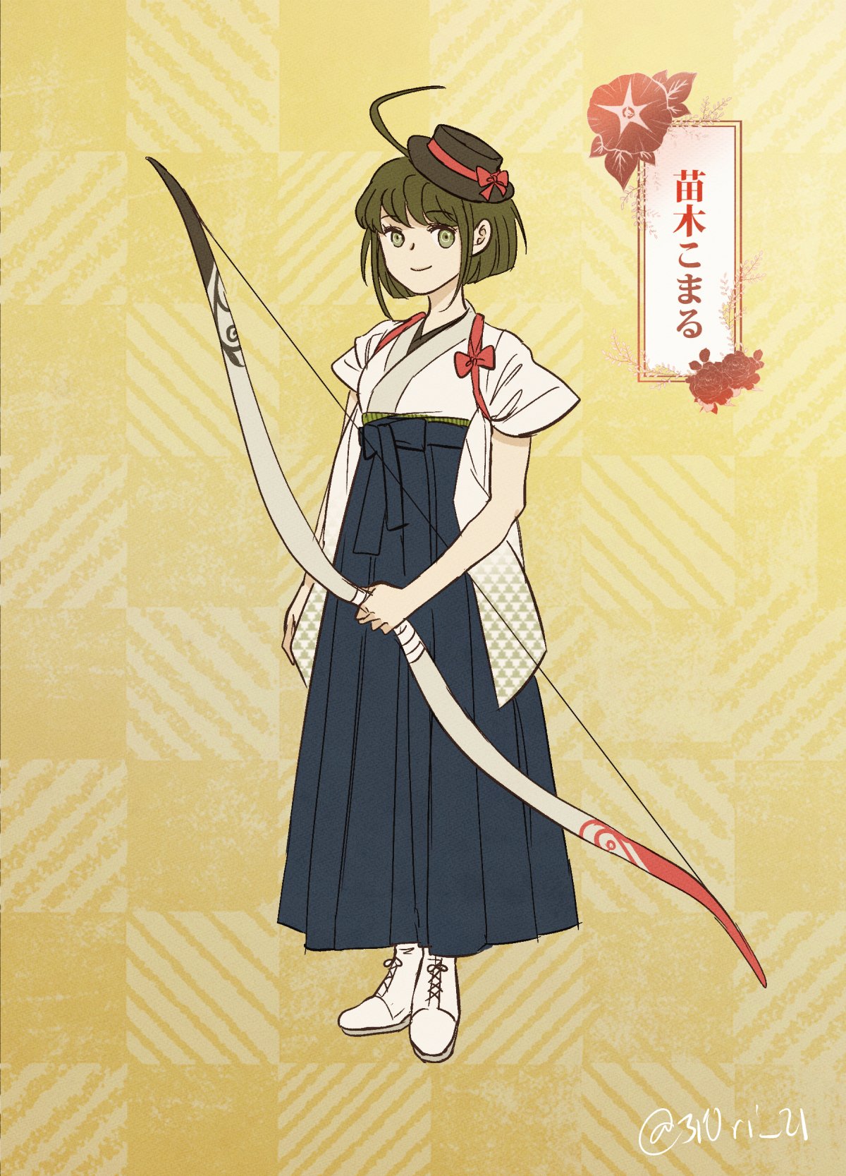 1girl ahoge artist_name bangs black_headwear bow bow_(weapon) brown_eyes closed_mouth clothing_request danganronpa_(series) danganronpa_another_episode:_ultra_despair_girls flower full_body green_hair highres holding holding_bow_(weapon) holding_weapon midori_(310ri_21) naegi_komaru red_bow shoes smile solo standing translation_request weapon yellow_background