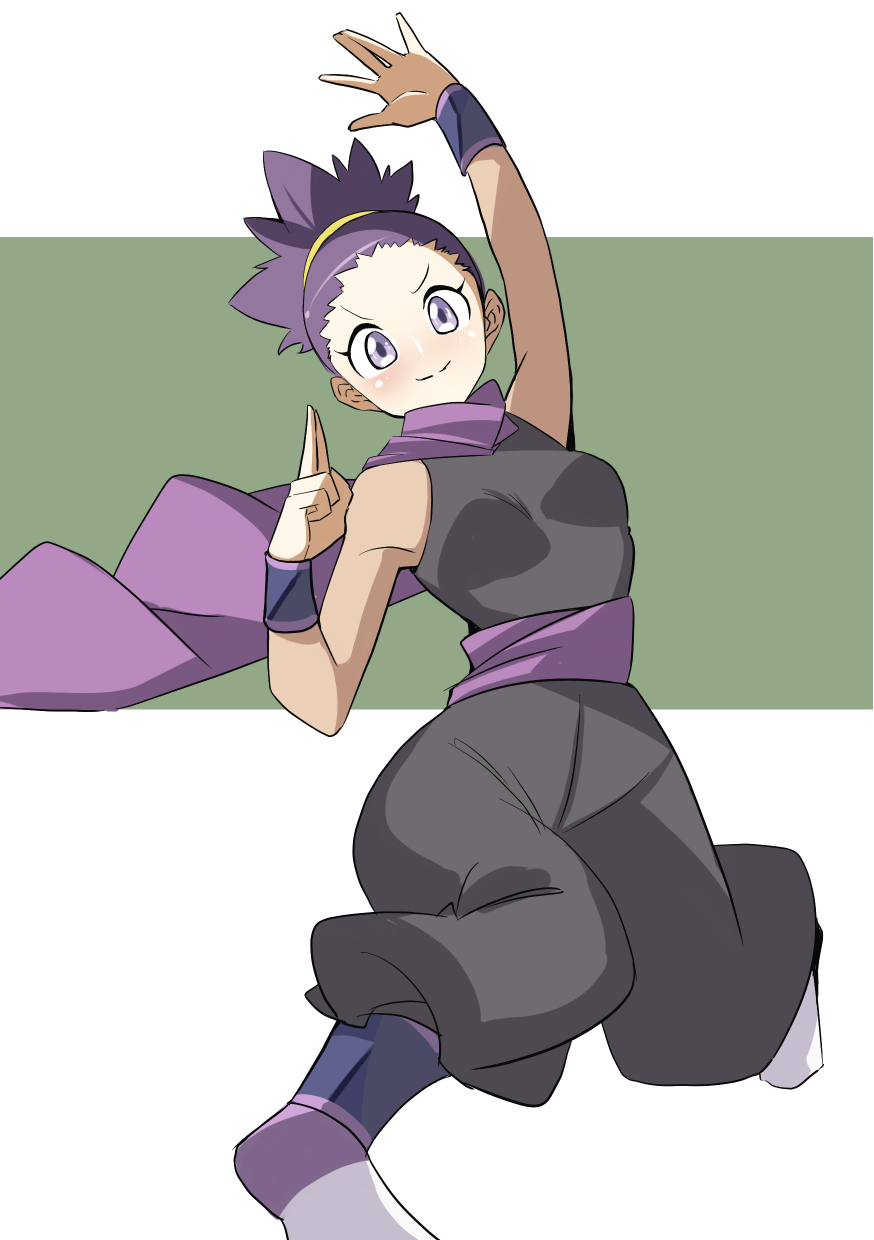 1girl breasts closed_mouth highres janine_(pokemon) japanese_clothes looking_at_viewer ninja nozumu pokemon pokemon_(game) pokemon_hgss purple_hair scarf short_hair smile solo tied_hair violet_eyes