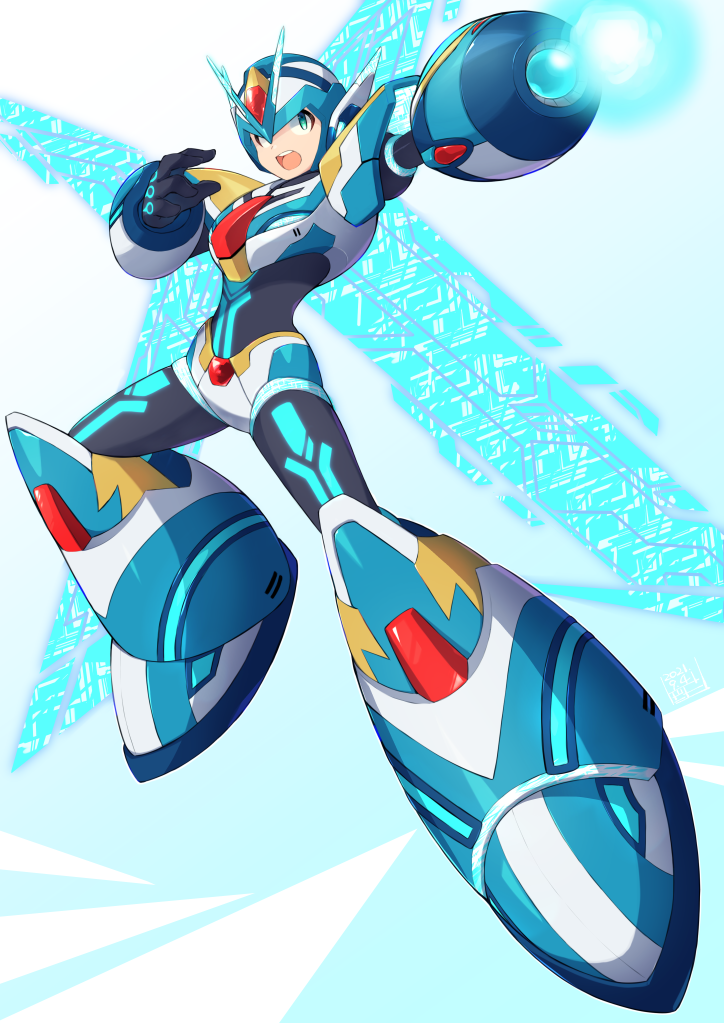 1boy android aqua_eyes armor commentary full_body glowing helmet knee_up legs_apart looking_to_the_side male_focus mechanical_parts mega_man_(series) mega_man_x_(character) mega_man_x_(series) mega_man_x_dive open_mouth robot simple_background solo teeth tobitori two-tone_background upper_teeth wings