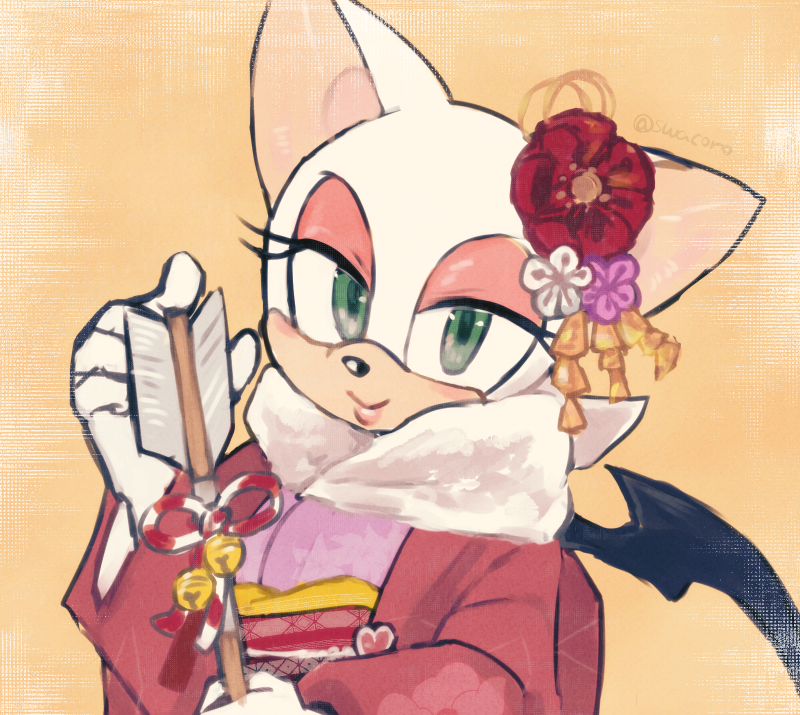 1girl arrow_(projectile) bat_girl commentary_request eyeshadow flower furry furry_female green_eyes hair_flower hair_ornament japanese_clothes kimono looking_at_viewer makeup obi orange_background rouge_the_bat sash simple_background smile solo sonic_(series) swacoro upper_body wings yukata