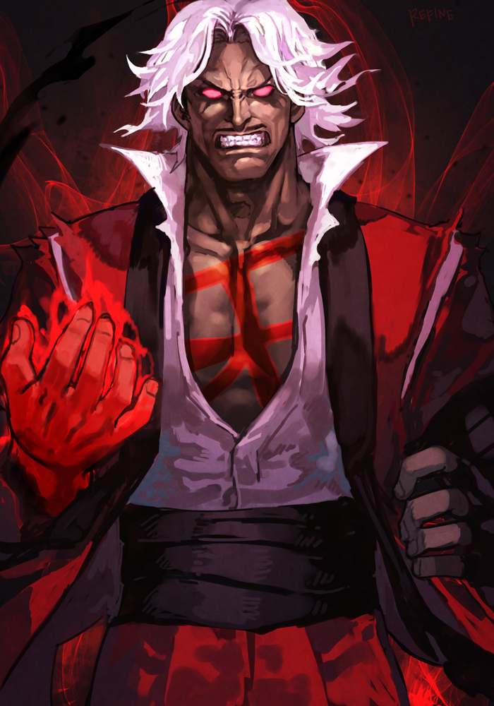 capcom_vs_snk_2 collarbone dark_persona dark_skin energy facial_hair gloves glowing glowing_eyes glowing_hand god_rugal hankuri high_collar mustache open_hand red_eyes rugal_bernstein shirt snk the_king_of_fighters torn_clothes torn_shirt tuxedo white_hair white_shirt