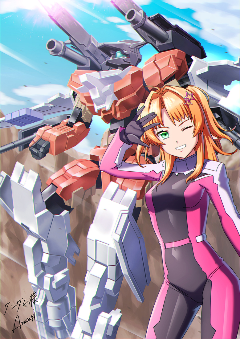 1girl 30_minutes_missions amasaki_yusuke breasts clenched_hand clouds commission green_eyes gundam gundam_seed head_tilt looking_at_viewer mecha mechanical_wings medium_breasts one_eye_closed open_hand original pilot_suit signature skeb_commission sky smile two_side_up visor wings