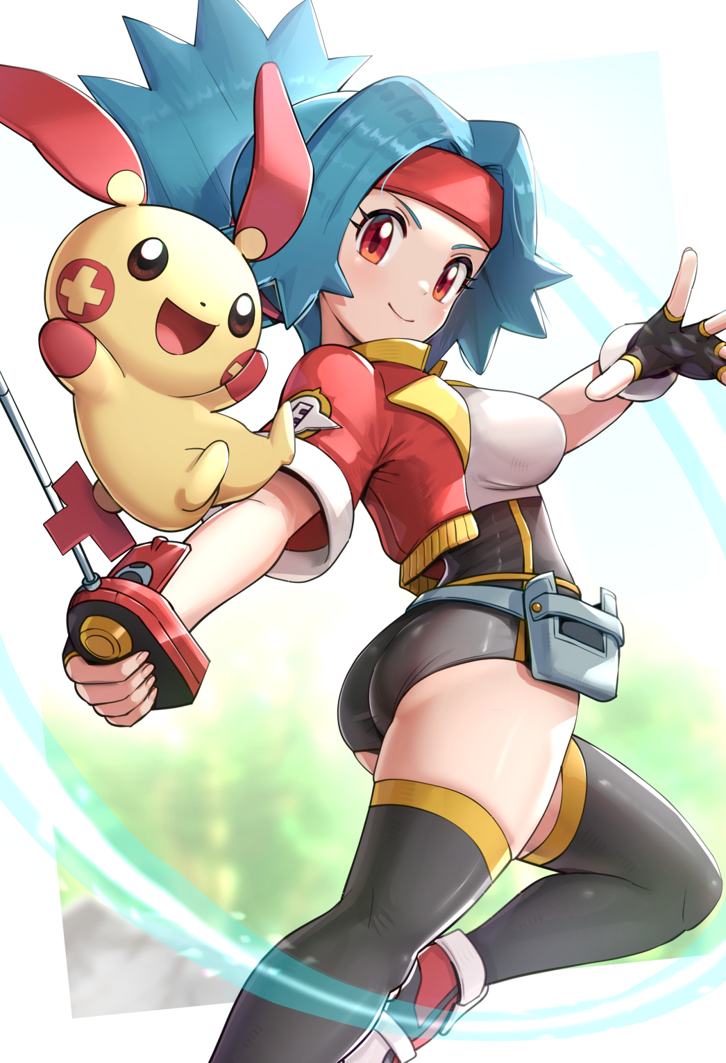 1girl ass belt black_legwear blue_hair blush breasts capture_styler closed_mouth commentary_request fingerless_gloves gloves gonzarez headband highres holding jacket looking_at_viewer looking_back medium_breasts open_clothes open_jacket plusle pokemon pokemon_(creature) pokemon_(game) pokemon_ranger pokemon_ranger_uniform red_eyes shiny shiny_clothes shiny_hair shiny_skin short_shorts short_sleeves shorts solana_(pokemon) solo thigh-highs thighs tied_hair