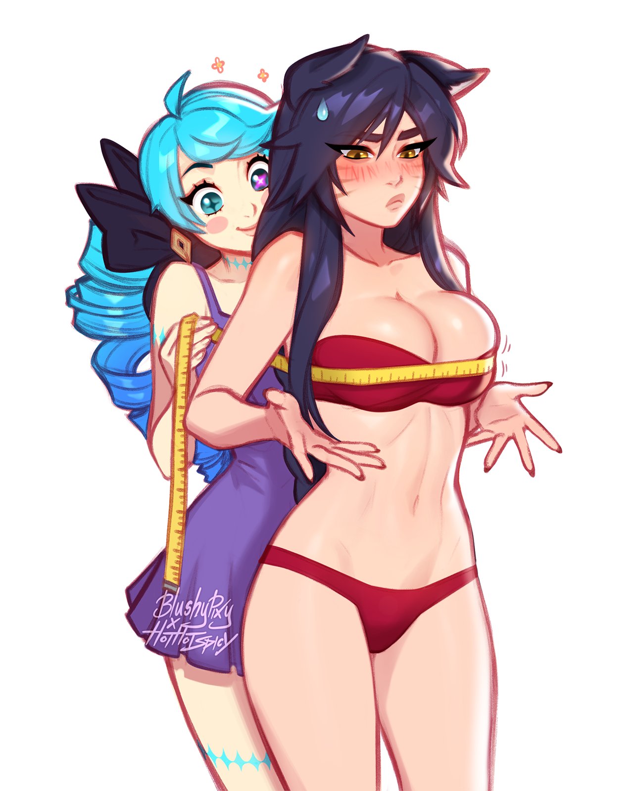 2girls ahoge ahri_(league_of_legends) animal_ears artist_name bandeau black_hair blue_eyes blue_hair blush blushy-pixy bra commentary cowboy_shot drill_hair english_commentary fox_ears fox_girl gwen_(league_of_legends) hair_between_eyes highres league_of_legends long_hair measuring multiple_girls navel panties simple_background smile strapless sweatdrop tape_measure tube_top twin_drills underwear watermark white_background yellow_eyes