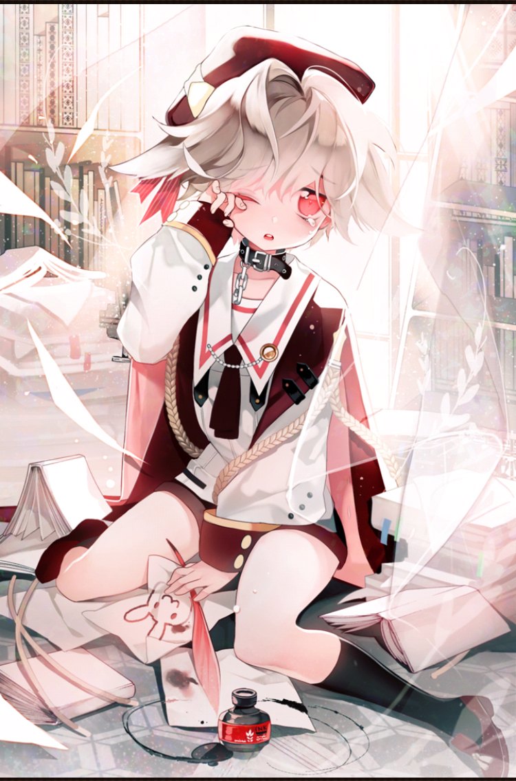 1boy androgynous chain collar crying drawing ink ink_bottle looking_at_viewer male_focus official_art one_eye_closed otoko_no_ko pink_eyes quill rabbit rubbing_eyes saibai_shounen second-party_source silver_hair solo tearing_up yuni_(saibai_shounen)