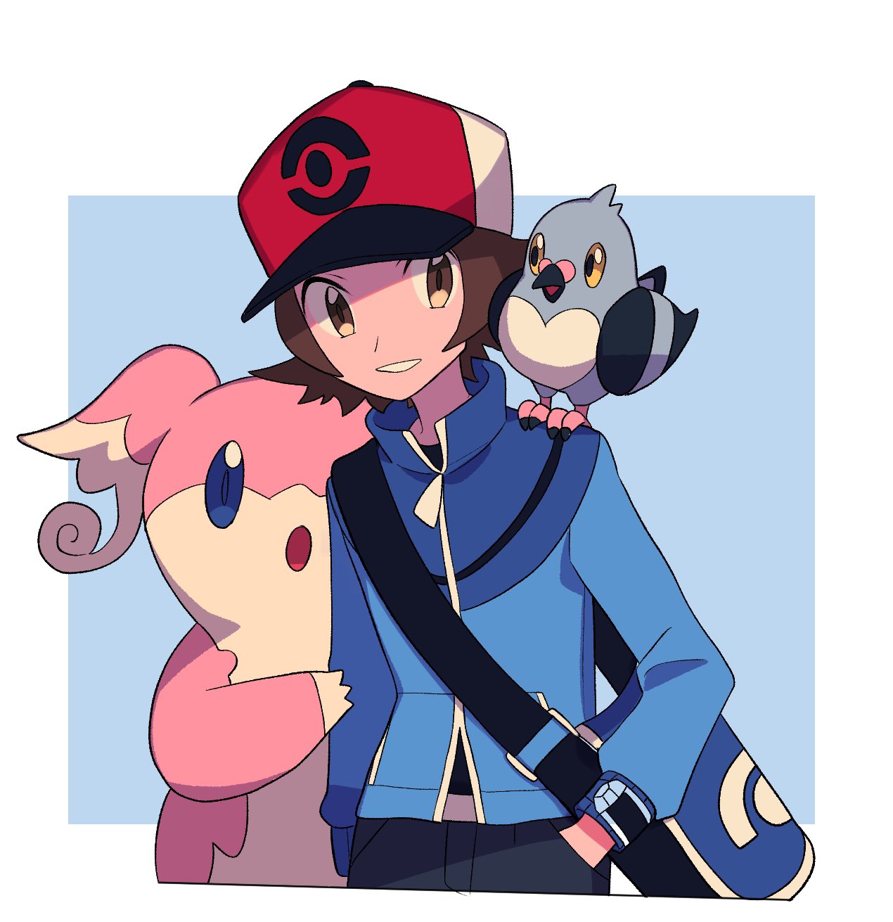 1boy audino bag belt_buckle bird black_pants black_shirt blue_jacket border brown_eyes brown_hair buckle commentary_request grey_background hand_in_pocket hat highres hilbert_(pokemon) jacket long_sleeves male_focus messenger_bag on_shoulder pants parted_lips pidove poke_ball_print pokemon pokemon_(creature) pokemon_(game) pokemon_bw pokemon_on_shoulder red_headwear shirt short_hair shoulder_bag smile tyako_089 white_border