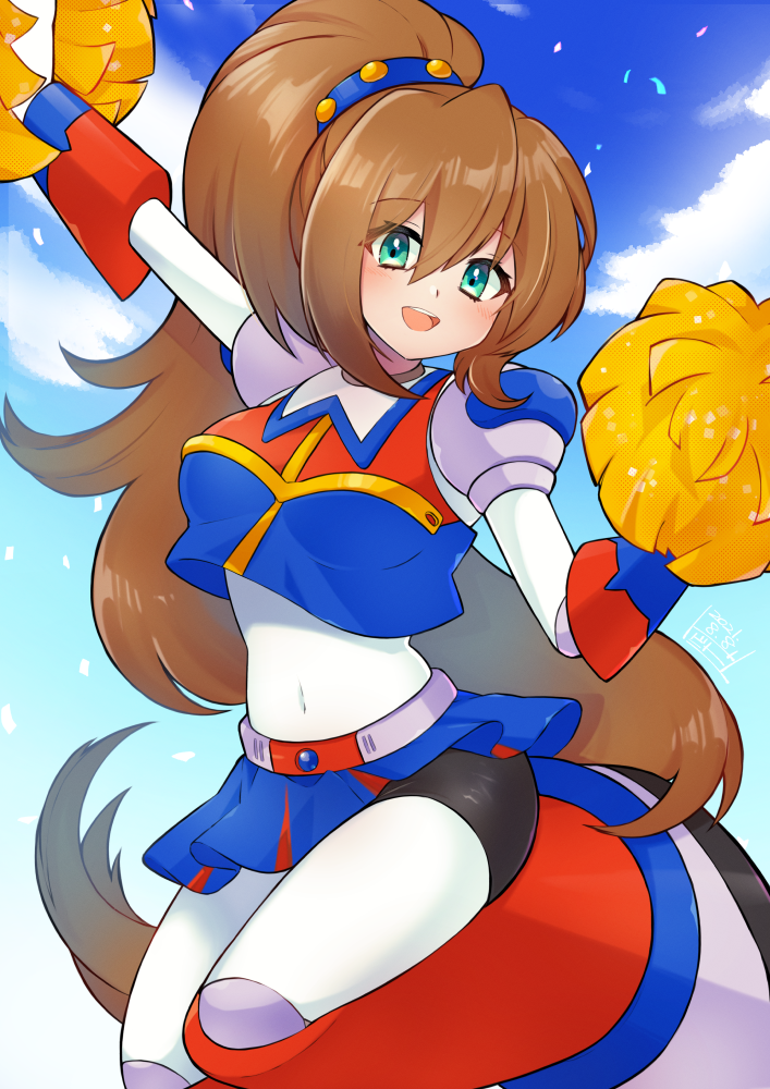 1girl :d android bangs blue_skirt breasts brown_hair cheerleader clouds commentary confetti eyebrows_visible_through_hair green_eyes hair_between_eyes hair_ornament hand_up high_ponytail iris_(mega_man) knee_up long_hair looking_at_viewer medium_breasts mega_man_(series) mega_man_x_(series) navel open_mouth outdoors outstretched_arm pom_pom_(cheerleading) robot skirt sky smile solo standing standing_on_one_leg teeth tobitori upper_teeth very_long_hair