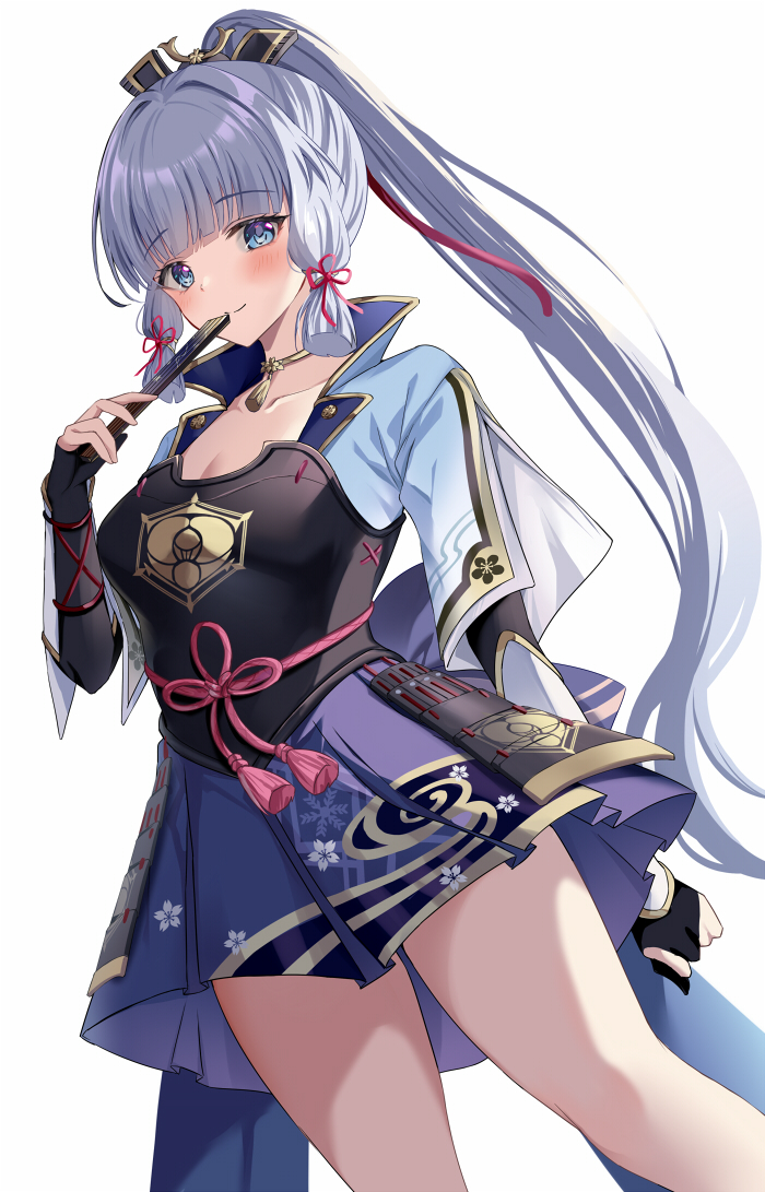 1girl arm_guards armor armored_dress bangs blue_dress blue_eyes blue_shirt blunt_bangs blush breastplate breasts bridal_gauntlets detached_sleeves dress folding_fan genshin_impact hair_ornament hand_fan harimoji japanese_armor jewelry kamisato_ayaka large_breasts light_blue_hair long_hair looking_at_viewer neck_ring open_clothes open_shirt ponytail rope shirt short_sleeves sidelocks smile solo tassel thighs