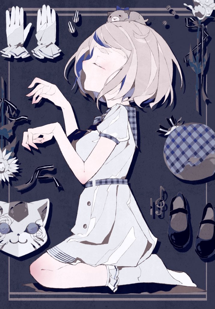 1girl animal_on_head black_footwear blonde_hair blue_bow blue_hair bow breasts closed_eyes dress flower from_side gloves gonzalez_(machita_chima) kneeling machita_chima mask medium_breasts multicolored_hair nijisanji on_head open_mouth seiza shi_chi_41 shoes shoes_removed short_hair sitting socks solo streaked_hair virtual_youtuber white_dress white_flower white_gloves