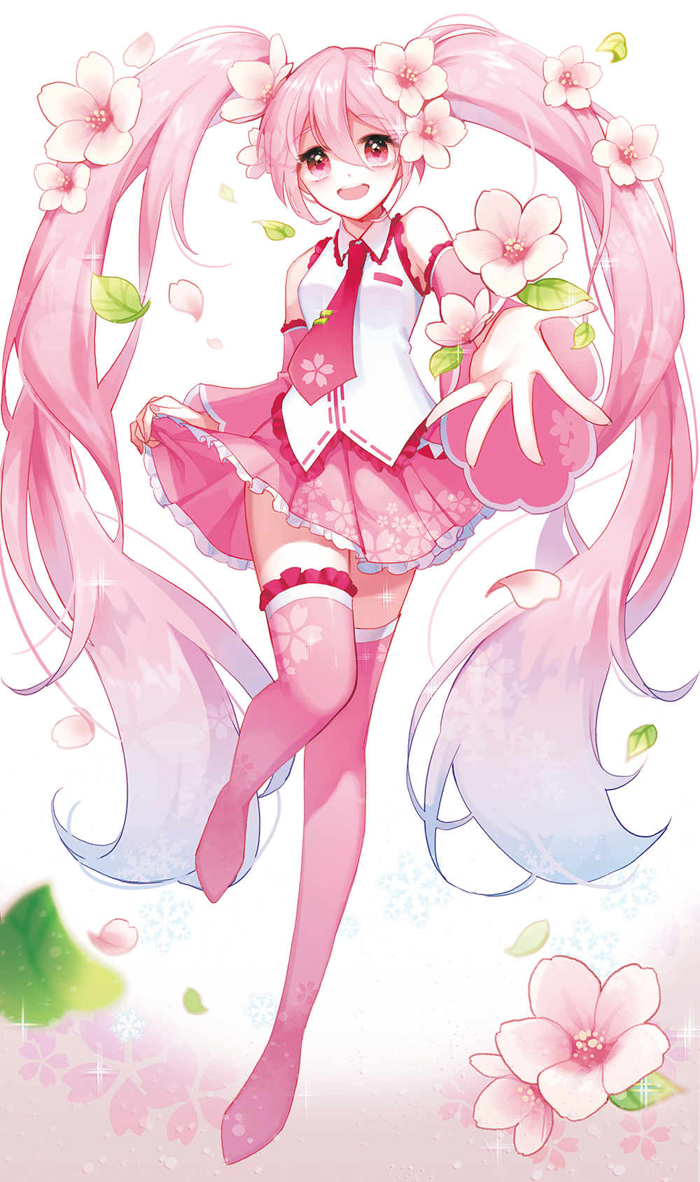 1girl bangs boots cherry_blossoms detached_sleeves eyebrows_visible_through_hair gradient_hair hatsune_miku highres holding holding_clothes holding_skirt leaf long_hair looking_at_viewer multicolored_hair necktie outstretched_arm pink_eyes pink_footwear pink_hair pink_skirt ruk_(spi1116) sakura_miku shirt simple_background skirt sleeveless sleeveless_shirt smile snowflakes solo solo_focus thigh-highs thigh_boots twintails very_long_hair vocaloid white_background zettai_ryouiki