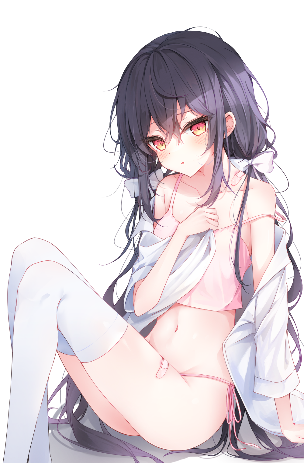 1girl ass bandaid bare_shoulders beliatan black_hair camisole crop_top embarrassed feet_out_of_frame hand_on_own_chest highres long_hair looking_at_viewer navel no_panties off_shoulder open_clothes open_shirt original panties parted_lips pink_panties pink_shirt red_eyes shirt side-tie_panties sidelocks sitting sleeveless sleeveless_shirt solo spaghetti_strap stomach strap_slip string_panties thigh-highs thighs underwear very_long_hair white_legwear white_shirt