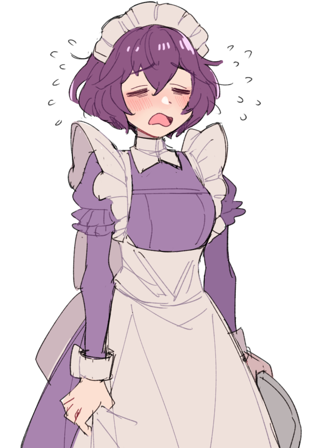 1girl alternate_costume apron bangs bernadetta_von_varley blush closed_eyes do_m_kaeru dress embarrassed enmaided eyebrows_visible_through_hair fire_emblem fire_emblem:_three_houses flying_sweatdrops holding holding_tray juliet_sleeves long_sleeves maid maid_headdress open_mouth puffy_sleeves purple_dress purple_hair short_hair simple_background solo tray waist_apron white_apron white_background