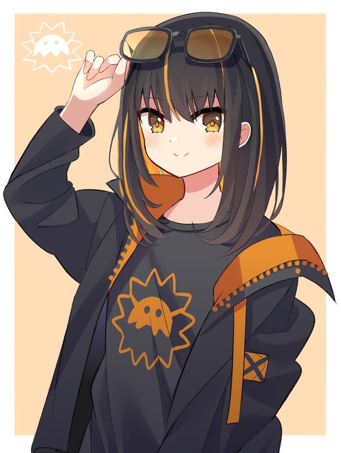 1girl bangs black_hair black_jacket black_shirt black_sleeves border closed_mouth collared_jacket commentary curled_fingers eyebrows_visible_through_hair eyelashes eyewear_on_head hand_up jacket long_hair long_sleeves looking_at_viewer mizuki_(lvo0x0ovl) multicolored_hair open_clothes open_jacket orange_hair original shirt smile solo split_mouth streaked_hair two-tone_background two-tone_hair upper_body white_border yellow_eyes