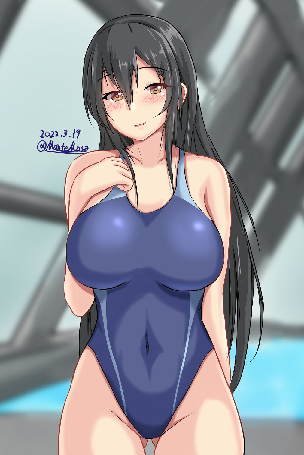 1girl ass_visible_through_thighs blue_swimsuit breasts chikuma_(kancolle) collarbone competition_swimsuit covered_navel cowboy_shot dated eyebrows_visible_through_hair hair_between_eyes hand_on_own_chest highres indoors kantai_collection montemasa one-piece_swimsuit pool rei_no_pool solo swimsuit twitter_username window