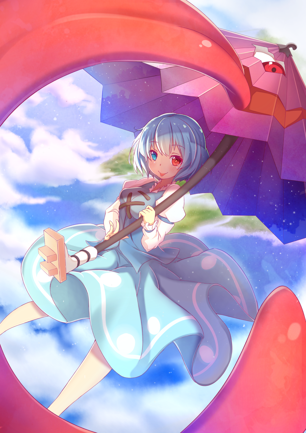 1girl bangs blue_eyes blue_hair blue_skirt blue_vest closed_mouth clouds cross-laced_clothes eyebrows_visible_through_hair heterochromia highres holding holding_umbrella island juliet_sleeves karakasa_obake long_sleeves looking_at_viewer outdoors puffy_sleeves purple_umbrella red_eyes short_hair skirt smile solo tatara_kogasa tongue tongue_out touhou umbrella vest zeolch