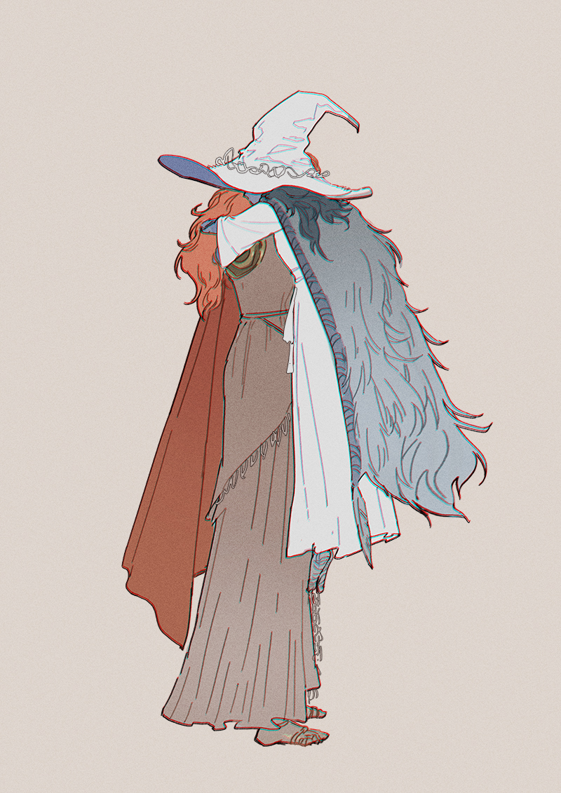 2girls agong blue_skin cape colored_skin dress elden_ring extra_arms from_side full_body hat height_difference hug long_hair long_sleeves malenia_blade_of_miquella multiple_girls orange_hair profile ranni_the_witch red_cape wavy_hair white_dress white_headwear witch_hat yuri