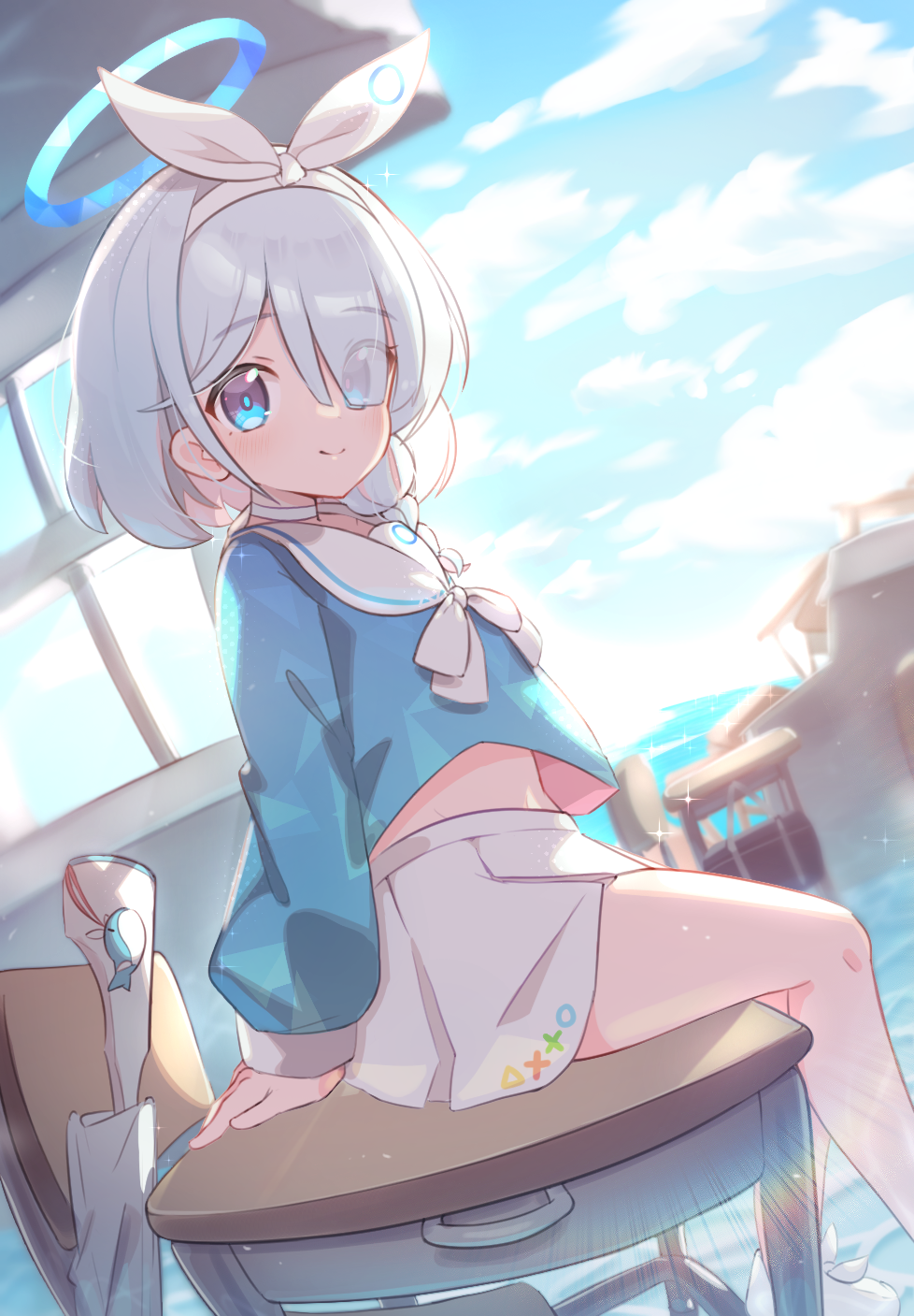 1girl arona_(blue_archive) blue_archive blue_eyes blue_shirt bow braid chair clouds desk eyes_visible_through_hair from_side hair_bow hair_over_one_eye halo highres looking_at_viewer miniskirt mint_hamini on_desk outdoors ribbon school_uniform serafuku shirt short_hair silver_hair sitting sitting_on_desk skirt sky smile solo thighs white_skirt