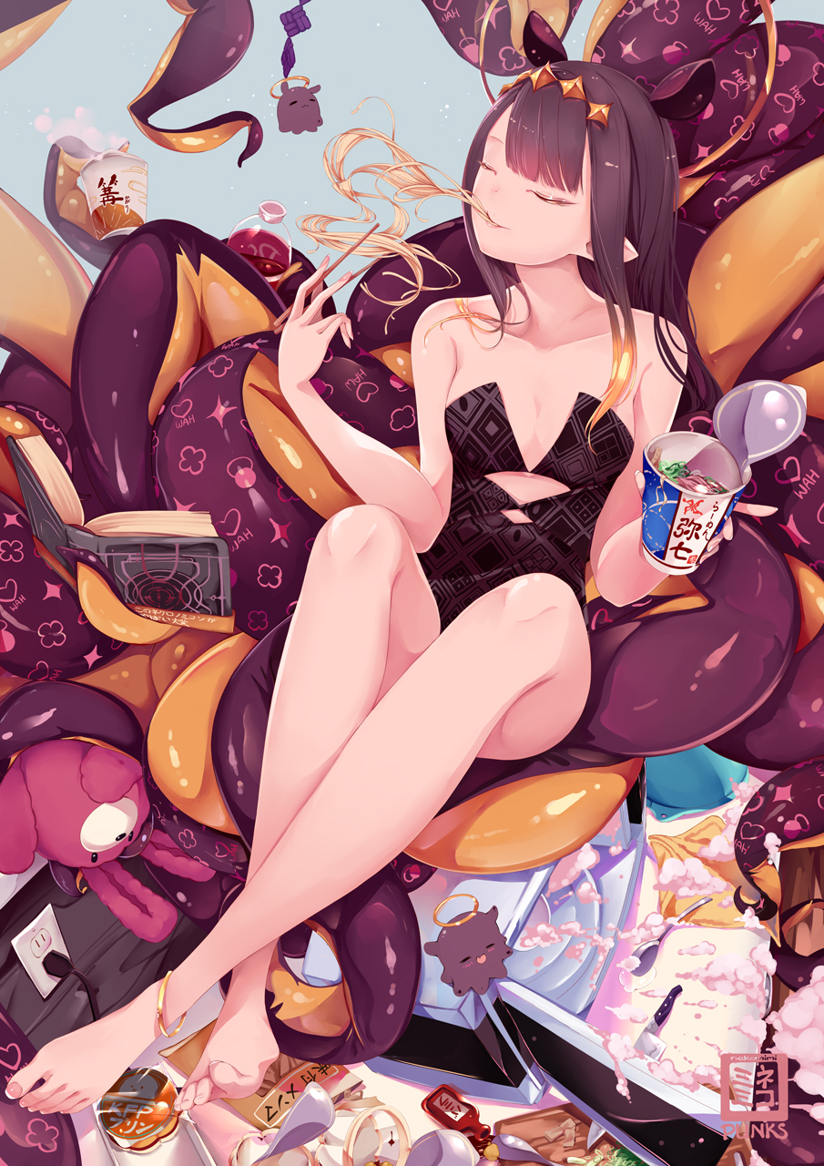 1girl animal_ears anklet ao-chan_(ninomae_ina'nis) bangs bare_legs barefoot black_dress blonde_hair bottle breasts chopsticks closed_eyes crossed_ankles dress eating electric_socket feet food food_in_mouth full_body halo highres holding holding_chopsticks holding_food hololive hololive_english jewelry knife long_hair microwave multicolored_hair nekomimipunks ninomae_ina'nis pointy_ears purple_hair ramen sitting small_breasts solo spoon strapless strapless_dress streaked_hair stuffed_animal stuffed_toy tako_(ninomae_ina'nis) tentacles toes