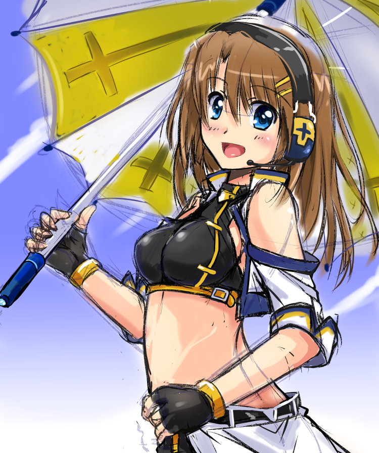 1girl bare_shoulders black_gloves blue_eyes blush breasts brown_hair fingerless_gloves gloves hair_ornament hairclip headphones large_breasts looking_at_viewer lyrical_nanoha mahou_shoujo_lyrical_nanoha_strikers midriff open_mouth racequeen san-pon shiny shiny_hair short_hair sideboob sketch sky smile solo umbrella upper_body yagami_hayate