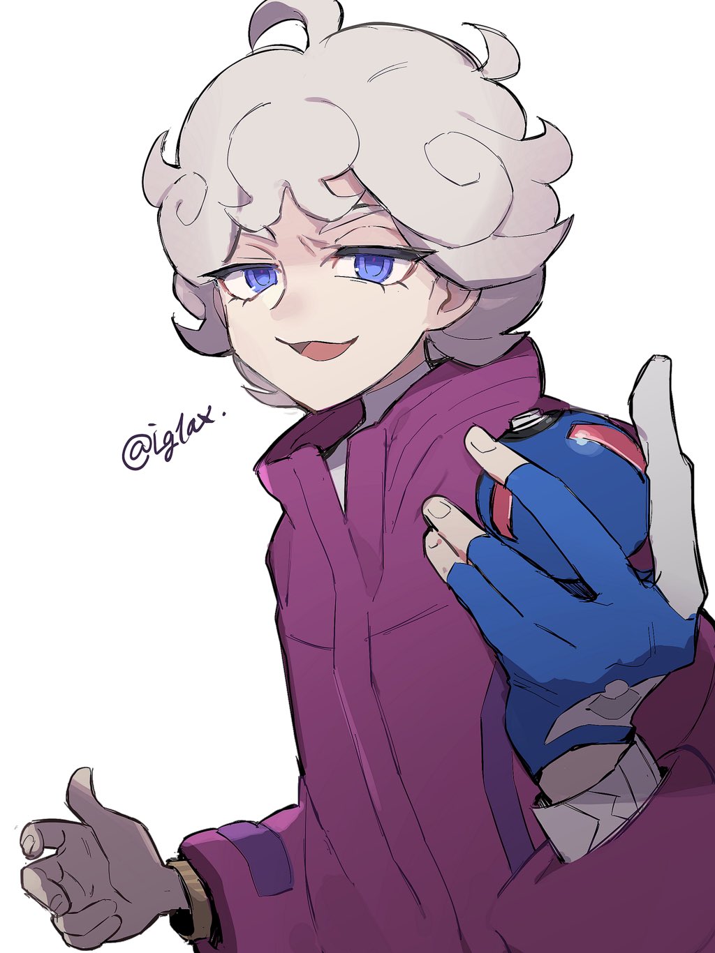 1boy ahoge bangs bede_(pokemon) coat commentary_request curly_hair dynamax_band eyelashes gloves great_ball grey_hair highres holding holding_poke_ball i_g1ax looking_at_viewer male_focus open_mouth partially_fingerless_gloves poke_ball pokemon pokemon_(game) pokemon_swsh purple_coat short_hair single_glove smile solo twitter_username violet_eyes watch watch