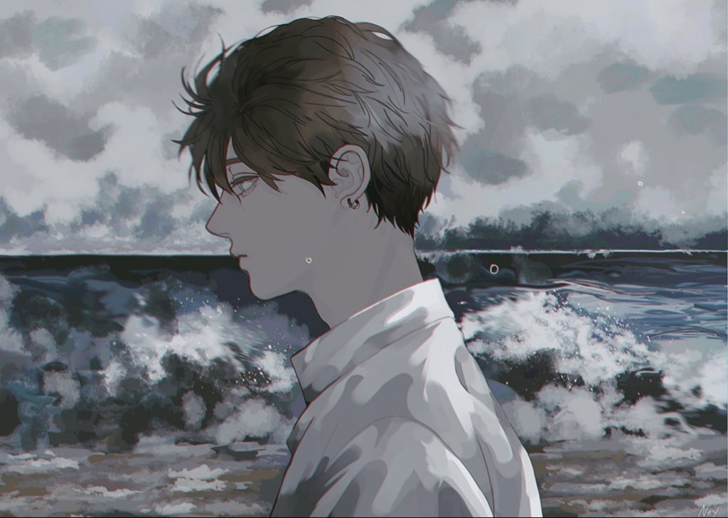 1boy blue_eyes brown_hair close-up clouds cloudy_sky cognacbear commentary_request earrings expressionless from_side grey_sky jewelry looking_afar male_focus nose ocean original outdoors shirt shore sky waves white_shirt