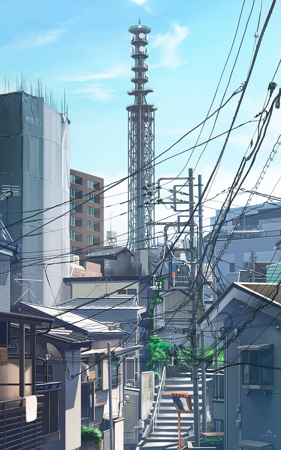 architecture blue_sky building cityscape clouds cloudy_sky commentary_request day highres kusakabe_(kusakabeworks) no_humans original outdoors power_lines rooftop scenery sky utility_pole