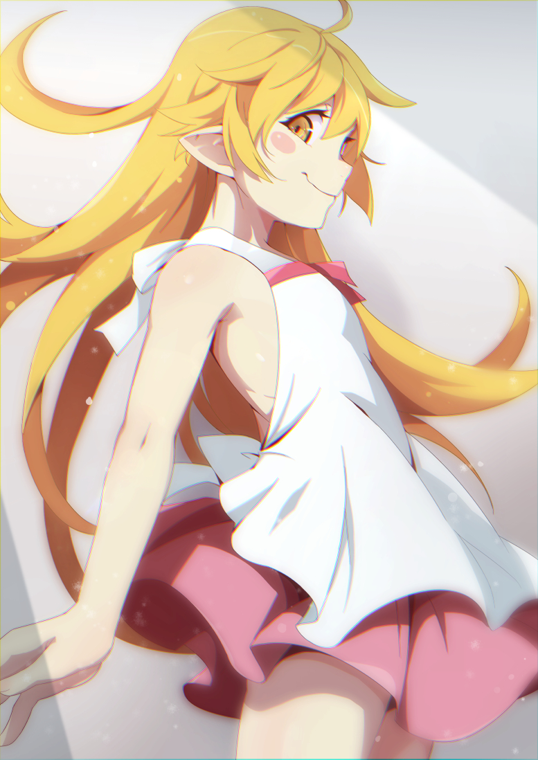 1girl apron backless_dress backless_outfit bangs blonde_hair blurry blush_stickers bow dress gesugesu_ahoaho long_hair looking_at_viewer monogatari_(series) oshino_shinobu pink_skirt pointy_ears skirt smile solo strapless strapless_dress yellow_eyes