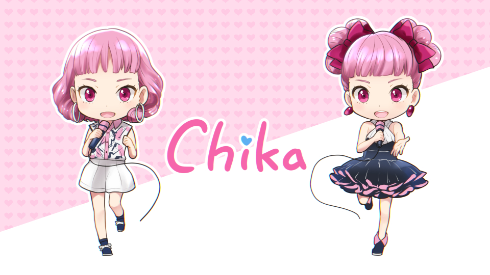 1girl ankle_boots bangs bare_arms black_dress black_footwear blunt_bangs boots bow character_name chibi chika_(vocaloid) collared_shirt double_bun dress dual_persona earrings frilled_dress frills full_body hair_bow hair_ribbon heart heart_background holding holding_microphone hoop_earrings jewelry kikuchi_mataha leg_up looking_at_viewer medium_hair microphone music open_mouth outline outstretched_arm pink_background pink_eyes pink_hair print_shirt red_bow ribbon shirt shorts singing sleeveless sleeveless_dress sleeveless_shirt smile standing standing_on_one_leg vocaloid white_outline white_shorts wing_collar