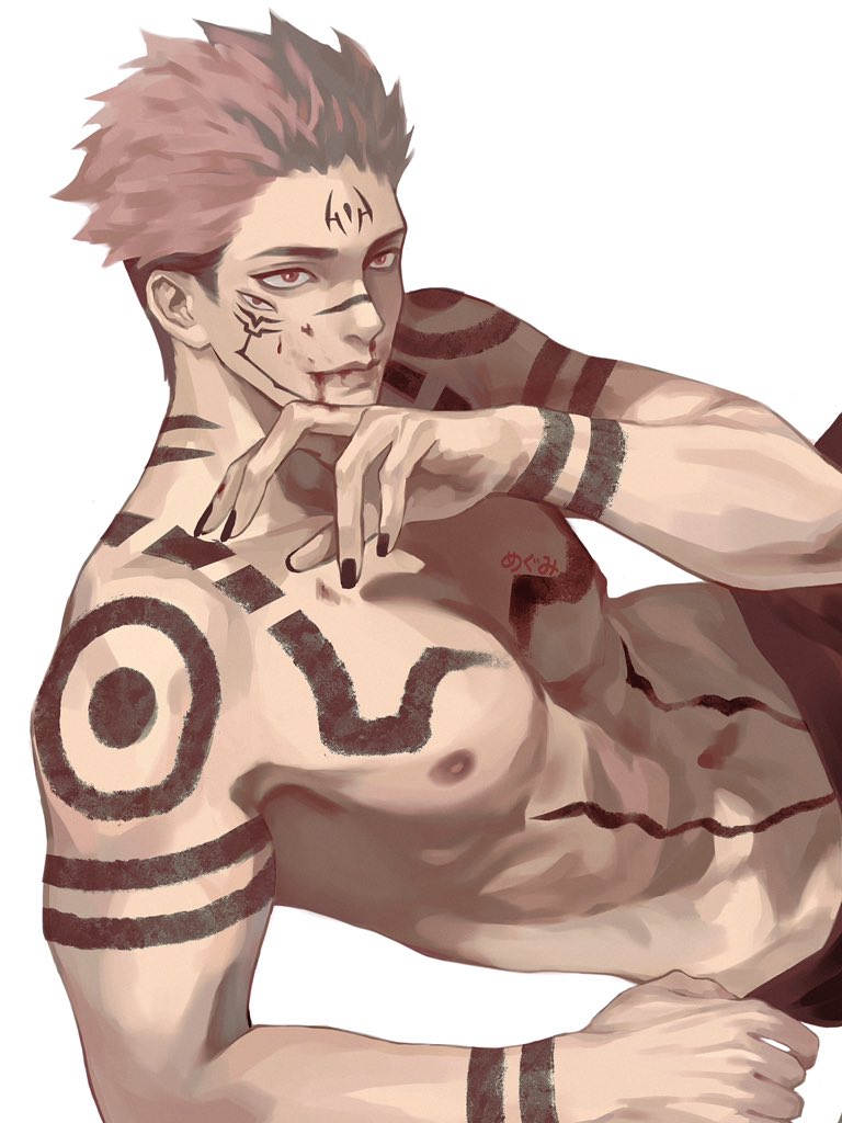 1boy abs black_nails black_pants blood chest_tattoo closed_mouth extra_eyes facial_tattoo jujutsu_kaisen makababazi male_focus muscular muscular_male navel nipples pants pectorals pink_hair red_eyes ryoumen_sukuna_(jujutsu_kaisen) short_hair shoulder_tattoo sideburns simple_background sketch smile solo tattoo topless_male undercut white_background