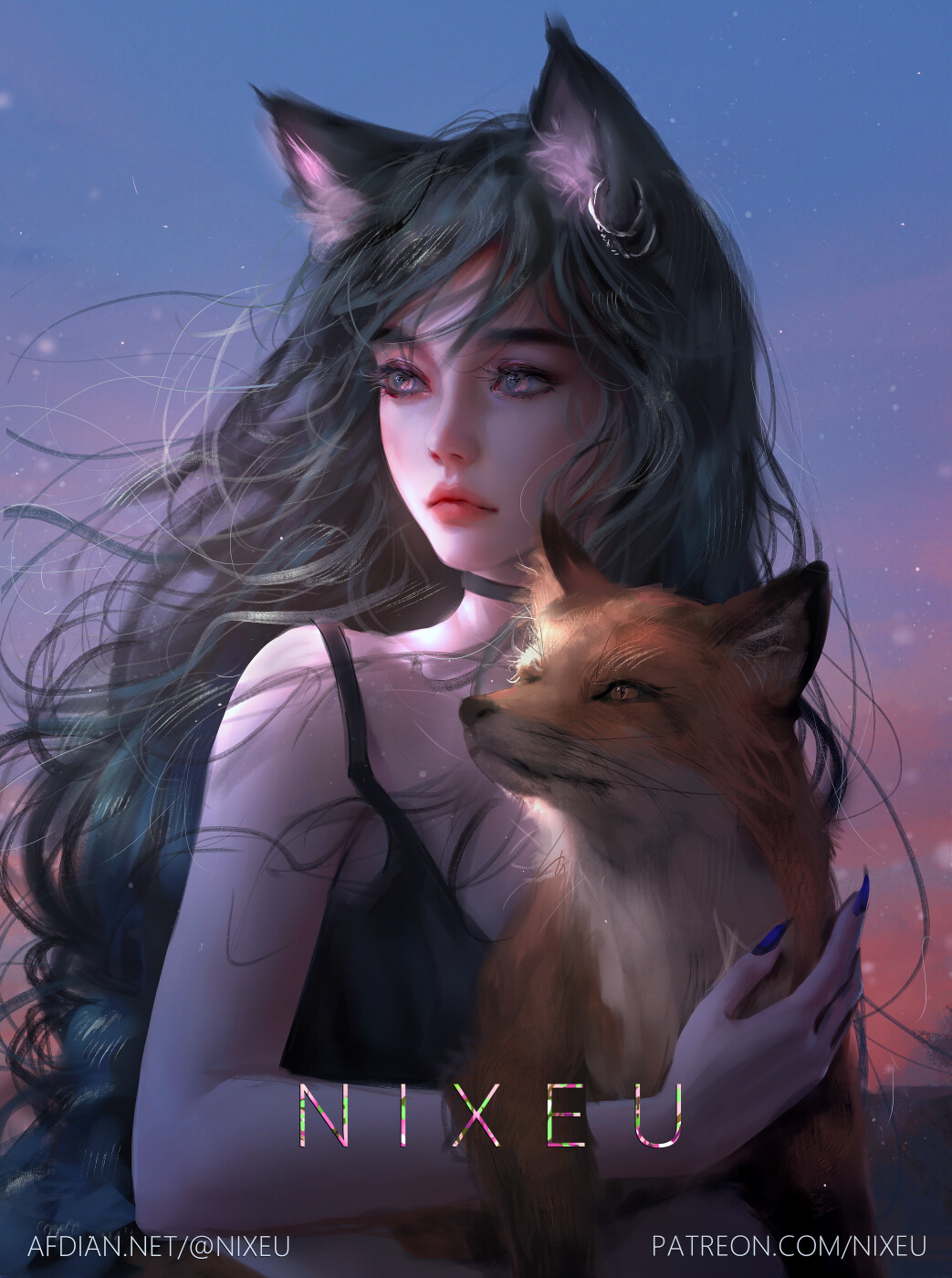 1girl afdian_username ahri_(league_of_legends) animal animal_ears artist_name bare_arms bare_shoulders black_choker black_hair black_shirt choker closed_mouth commentary earrings expressionless eyebrows fantasy forehead fox fox_ears fox_girl grey_eyes highres holding jewelry league_of_legends long_hair looking_away nixeu original outdoors patreon_username purple_nails red_lips shaded_face shirt solo upper_body