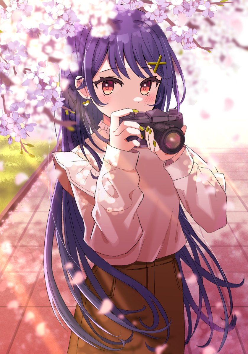 1girl bangs brown_panties camera cherry_blossoms commentary cowboy_shot dappled_sunlight earrings eyebrows_visible_through_hair eyelashes forehead frills grass hair_ornament highres holding holding_camera jewelry long_hair long_sleeves looking_at_viewer mizuki_(lvo0x0ovl) original outdoors panties petals pink_shirt pink_sleeves purple_hair red_eyes shadow shirt solo sunlight tile_floor tiles underwear x_hair_ornament yellow_nails