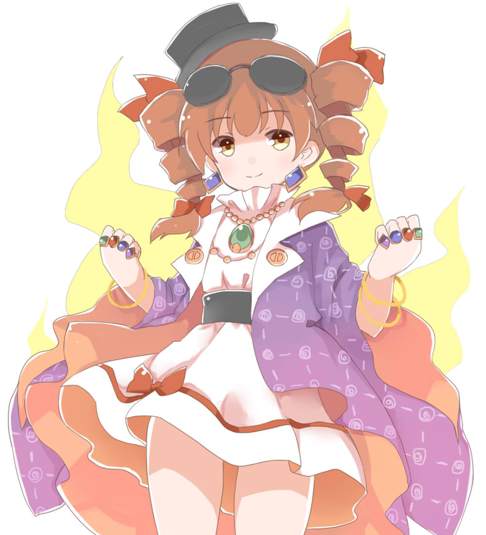 1girl bangle bow bracelet brown_hair clenched_hands closed_mouth coat cowboy_shot dress drill_hair earrings ellipsis_(mitei) eyewear_on_head floral_print hat hat_bow high_collar jewelry necklace orange_eyes pendant purple_coat ribbon ring round_eyewear smile sunglasses top_hat touhou twin_drills white_dress yorigami_jo'on