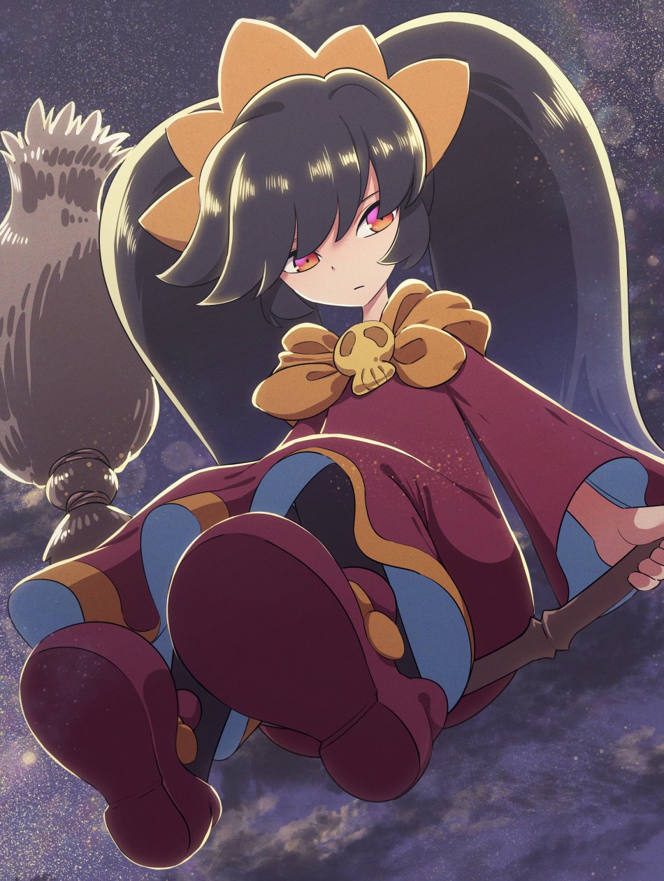 1girl ashley_(warioware) big_hair black_hair broom broom_riding commentary dress highres long_hair night night_sky orange_eyes red_dress red_eyes sitting skull_ornament sky solo twintails urin warioware