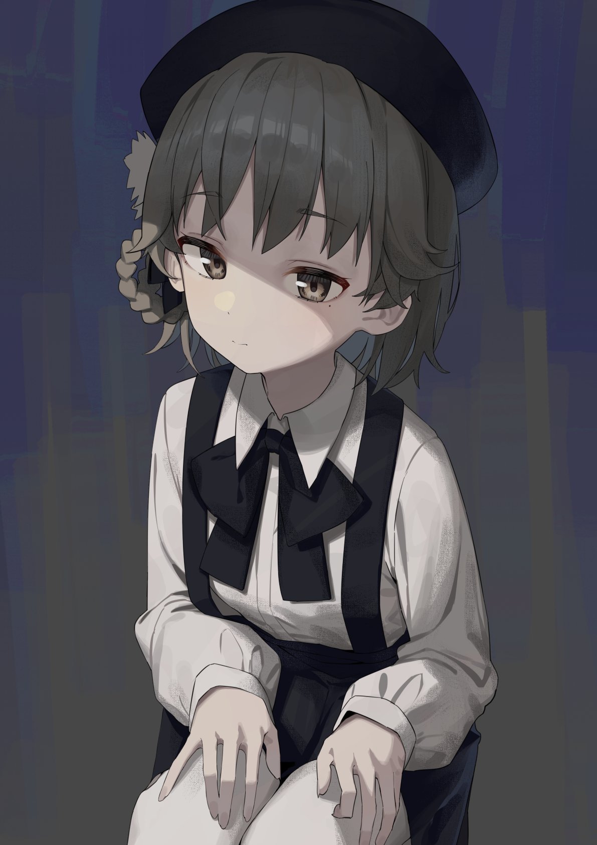 1girl bangs beret black_bow black_ribbon bow bowtie braid brown_eyes brown_hair closed_mouth collared_shirt cowboy_shot dress_shirt eyebrows_visible_through_hair flower hair_flower hair_ornament hands_on_own_thighs hat hatoba_tsugu highres looking_at_viewer multicolored_background pantyhose ribbon shirt short_hair sitting skirt solo suspender_skirt suspenders syhan tied_hair tsugu_(vtuber) virtual_youtuber white_legwear white_shirt