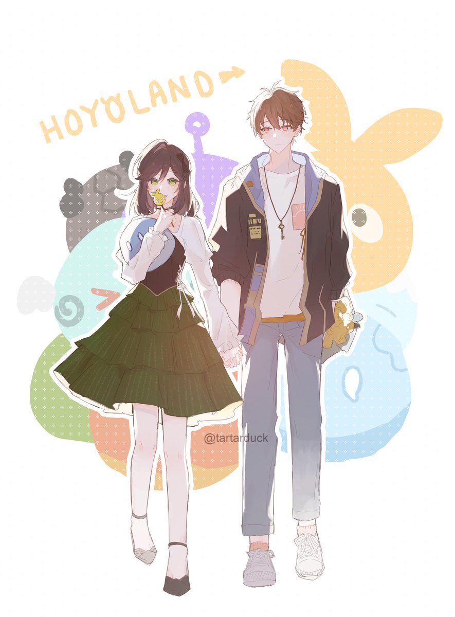 1boy 1girl :d bangs black_footwear black_jacket blue_pants brown_eyes brown_hair candy casual closed_mouth dress food full_body green_eyes highres holding holding_food homu_(honkai_impact) jacket jewelry key lollipop long_hair luke_pearce_(tears_of_themis) necklace open_clothes open_jacket open_mouth pants rosa_(tears_of_themis) shirt shoes short_hair slime_(genshin_impact) smile sneakers stuffed_toy tartarduck tears_of_themis thigh-highs twitter_username white_background white_footwear white_legwear white_shirt