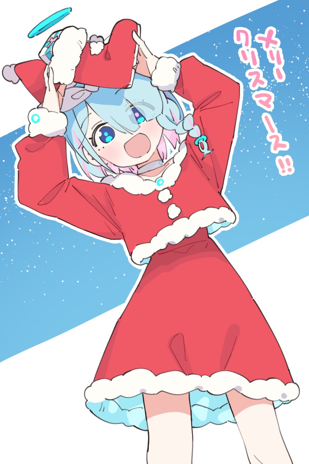 1girl :d arona_(blue_archive) bangs blue_archive blue_eyes box braid choker christmas eyes_visible_through_hair feet_out_of_frame fur-trimmed_shirt fur-trimmed_skirt fur_trim gift gift_box halo hat highres kamo_(kamonabe_44) leaning_to_the_side long_sleeves looking_at_viewer multicolored_hair open_mouth red_shirt red_skirt santa_hat shirt skirt smile solo thigh-highs translated two-tone_hair