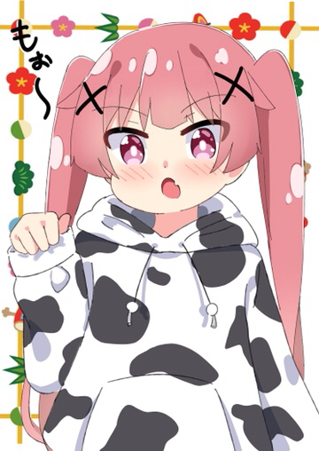 1girl animal_print blush chinese_zodiac commentary_request cow_print fang floral_background hair_ornament hand_up hood hood_down hoodie kapuru_0410 long_hair long_sleeves looking_at_viewer open_mouth pink_hair print_hoodie simple_background sleeves_past_wrists solo tanemura_koyori translation_request twintails very_long_hair violet_eyes watashi_ni_tenshi_ga_maiorita! white_background white_hoodie x_hair_ornament year_of_the_ox